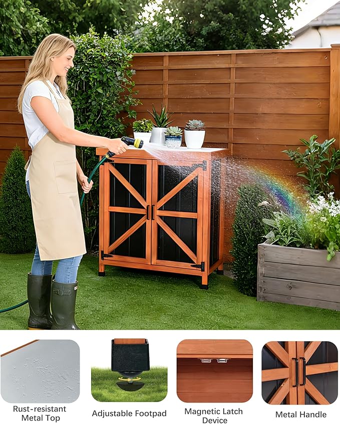 Black Metal Outdoor Storage Cabinet with X-Design Doors & Wood Frame, Metal Top Potting Bench Weatherproof for Patio, Garden & Backyard, 31.5"x 17.7"x 35.4"Tool Outdoor Shed
