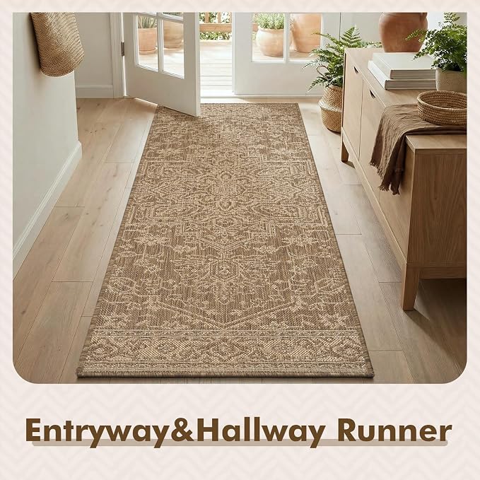 MontVoo-2x8 ft Indoor Outdoor Runner Rugs for Entryway Porch Hallway Kitchen Door Entrance Long, Textured Weave Polypropylene, Durable for High Traffic, Fade-Resistant, Vintage Medallion Neutral Brown