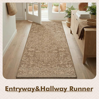 MontVoo-2x8 ft Indoor Outdoor Runner Rugs for Entryway Porch Hallway Kitchen Door Entrance Long, Textured Weave Polypropylene, Durable for High Traffic, Fade-Resistant, Vintage Medallion Neutral Brown