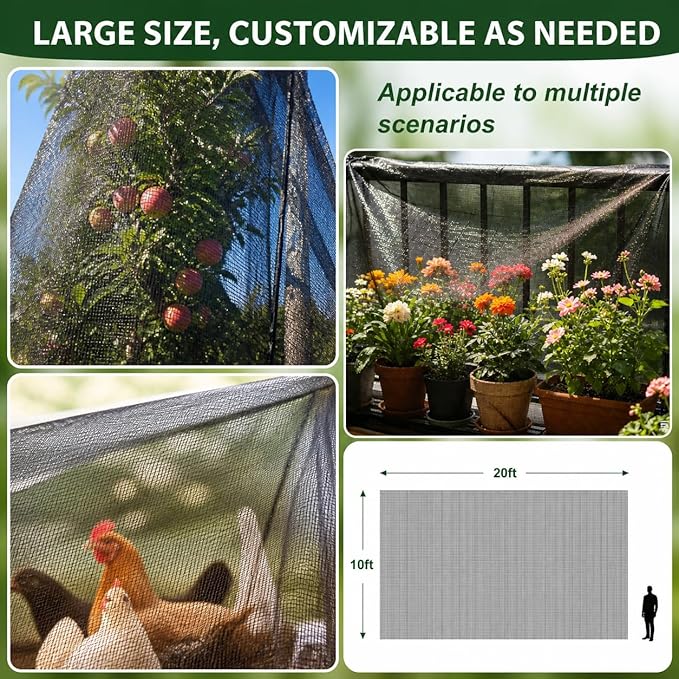 Stronger Garden Mesh Netting - 10 x 20 ft, PE Ultra-Fine Mesh Bird Barrier Net for Plants & Vegetables, OutdoorPatio Balcony Terrace Screen, Tear-Resistant Breathable Shade Netting | Black (33% Shade)