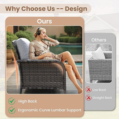 HOOOWOOO Patio Furniture Set,3 Pieces Outdoor Conversation Set,All Weather Wicker Bistro Set Yard Porch High Back Chairs Side Table,Light Gray