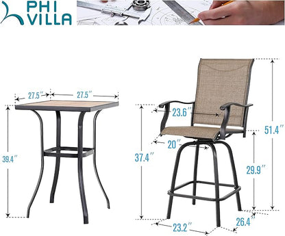 PHI VILLA 3 PCS Patio Swivel Bar Set Outdoor Furniture Bar Height Bistro Set, 2 Bar Stools and 1 Table, High Top Table and Chairs Set of 2 for Garden Porch Backyard
