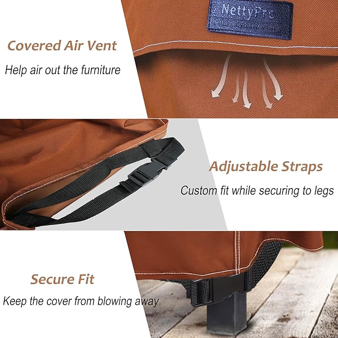 NettyPro Stackable Chair Covers Waterproof Outdoor Stack Chairs Cover Patio Furniture Stacking Chair Covers, Fits for 4-6 Stackable Dining High Back Chairs, 26 W x 35 D x 45 H inch, Brown