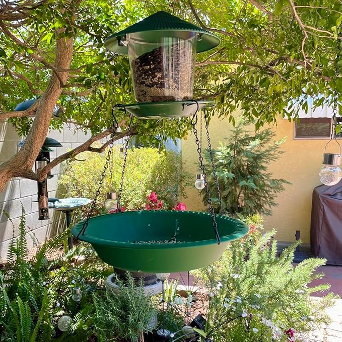 Hanging Bird Feeder Tray with Drainage Holes for Outside, Rugged Recycled Plastic Wild Bird Feeding Station (10 inch, Green)