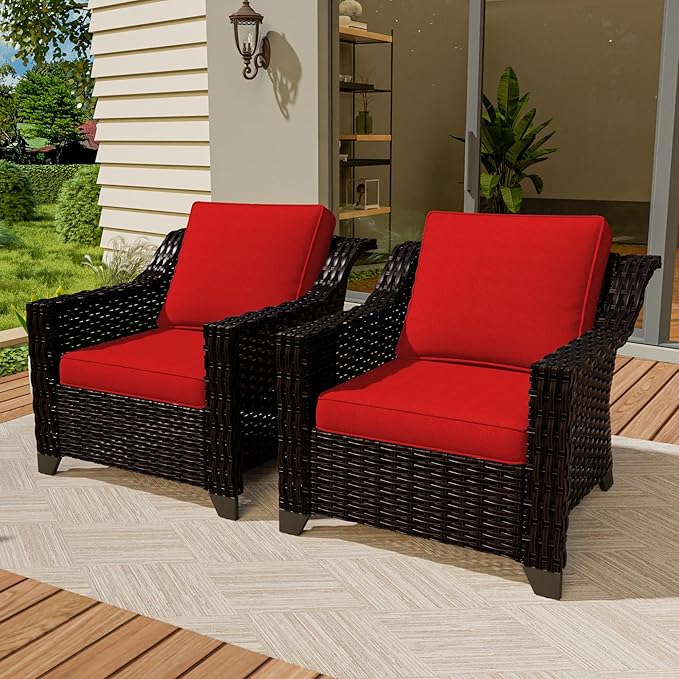 VistaVibe 2 Pieces Outdoor Armchairs, Patio Conversation Furniture Set, Washable Cushions, Luxurious Hand-Woven PE Rattan, Garden, Bistro, Deck, Backyard (Brown/Red)
