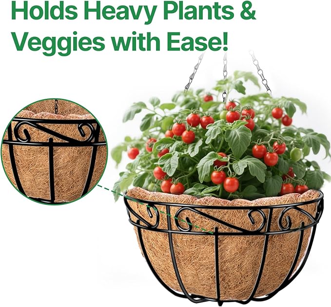 Amagabeli 4 Pack 14 Inch Metal Hanging Baskets Planter Outdoor Round Wire Hanging Basket for Plants with Coco Fiber Liners Chain Plant Holder for Garden Patio Deck Porch Plants Vegetables Flower Pots