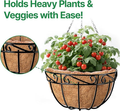 Amagabeli 4 Pack 14 Inch Metal Hanging Baskets Planter Outdoor Round Wire Hanging Basket for Plants with Coco Fiber Liners Chain Plant Holder for Garden Patio Deck Porch Plants Vegetables Flower Pots