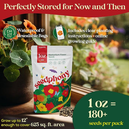 Seedphony Nasturtium Seeds Pack 1 oz - 180 Non-GMO Heirloom Nasturtium Seeds for Planting, Perennial Flowers in Waterproof Seed Packet, Wildflower Seeds for Planting Garden Indoor & Outdoor Gardening