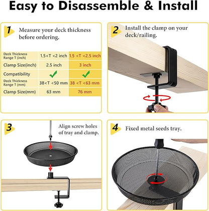 iBorn Deck Bird Feeders for Outdoors,Platform Bird Seed Tray with 5.5 lbs Capacity,Balcony Porch Railing Bird Feeder, Drainage Mesh Holes,Tilt-Proof, Windproof, Anti-Loosen, Easy to Refill&Clean,Black
