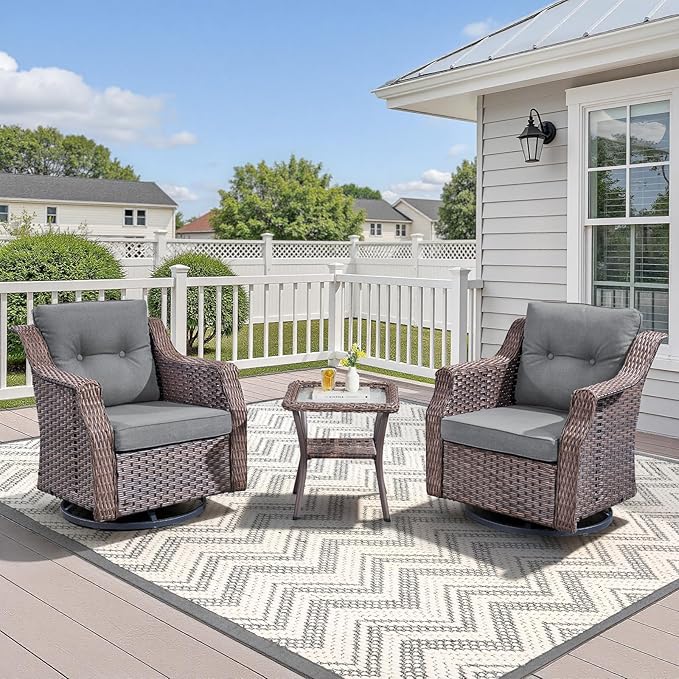 Patio Wicker Chairs Swivel Rocker-Outdoor Swivel Rocker Chair Set of 2 with All Weather Wicker Glider Rocker Set, PE Rattan Swivel Rocking Chair with Side Table for Yard Balcony Deck Porch Brown/Grey