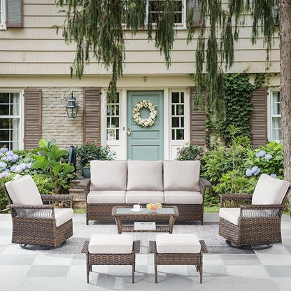 Patio Furniture Set 2 Wicker Swivel Glider Chairs 2 PE Rattan Ottomans with Beige Cushions Patio PE Rattan Sofa Coffee Table Brown Wicker Patio Conversation Set 6pcs for Patio
