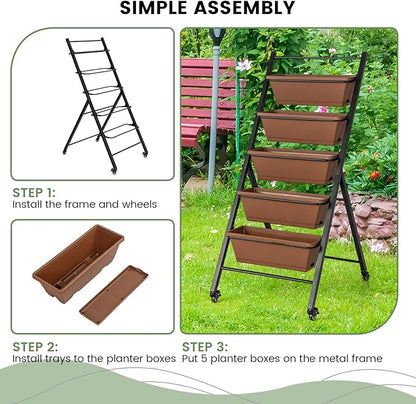 Giantex Vertical Raised Garden Bed on Wheels, 5-Tier Elevated Planter Boxes, Garden Beds with Drain Hole, Freestanding 5 Containers for Herb Vegetables Flowers Growing, Indoor Outdoor Patio Balcony