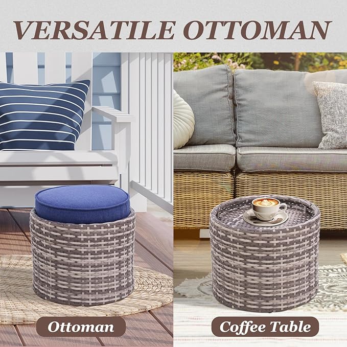 COOS BAY Sand Dune 5 Piece Wicker Patio Furniture Set, Rattan Outdoor Furniture with Nesting Tables, Chairs, Couch, Coffee Tables, and Ottoman, Brown/Blue