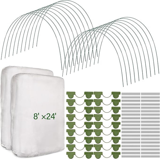 Woanger 2 Set Garden Netting Kit for Raised Beds Ultra Fine Mesh Netting with 100 Hoops 72 Clips 80 Connectors for Garden Row Cover Vegetable Flowers Protection Barrier Plant Covers(8 x 24 ft)