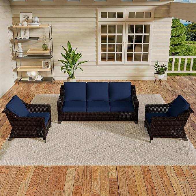 VistaVibe 3 Pieces Outdoor Patio Conversation Furniture Set - 78" 3-seat Sofa | 2 Wicker Chairs, Deep Seat Loveseat, Removable Cushions, Hand-Woven PE Rattan Couch, Balcony (Brown/Navy)