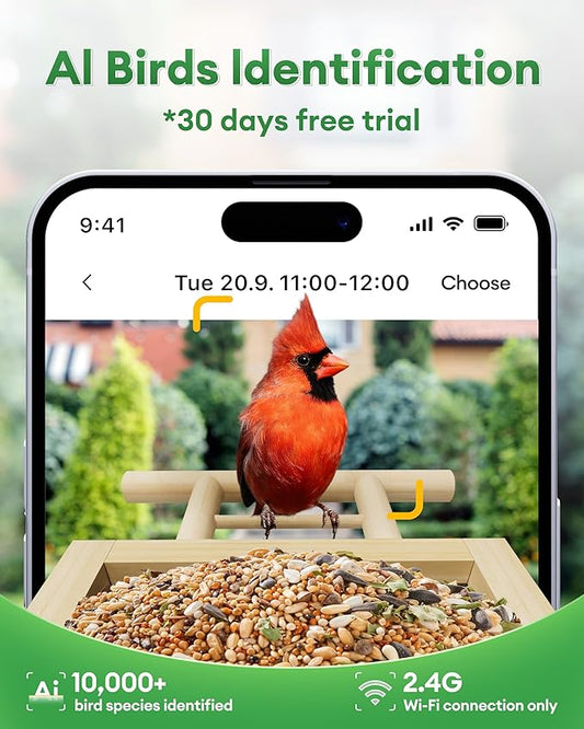 Wooden Smart Bird Feeder with Camera, 1080P HD Video Bird Feeders with Solar Powered, AI Birds ID for 10,000+ Species, IP65 Waterproof, WiFi Birdhouse Camera for Birds Watching Gifts