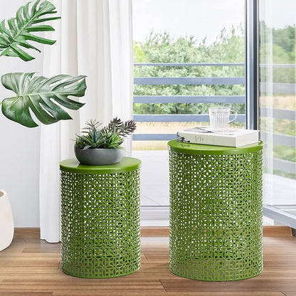 Glitzhome Outdoor Side Table Set of 2, Decorative Garden Stool for Indoor Outdoor Heavy Duty Metal Frame Accent Table Modern End Table, Glossy Green
