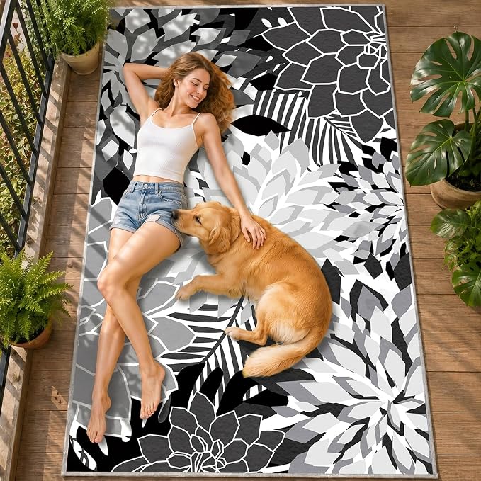 ZonLi Colorful Outdoor Rug 5x8Ft Waterproof Multicolored Indoor Area Rug Washable Outdoor Patio Rugs Tropical Floral Non Slip Outdoor Carpet for Living Room, Pool,Backyard,Deck,Camping
