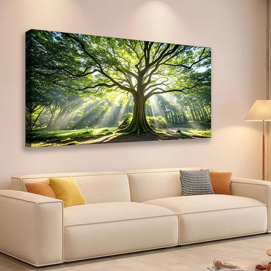 JLXART Framed Forest Artwork Canvas Large Art Spring Nature Green Tree Wall Art for Office Wall Decoration Ready to Hang 30x58inch