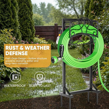 Heavy-Duty Garden Hose Holder with Storage Basket and Tool Hooks, XEAPOMS Stable Hose Hanger Metal Garden Hose Storage Holds 160Ft, Rustproof Freestanding Water Hose Holder for Outside,Yard,Lawn,Farm