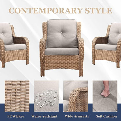 HUMMUH Patio Chairs Wicker Patio Dining Chairs Set of 2 PE Rattan Deep Seating Outdoor Chairs with 4 inch Seat Cushions (Yellow/Beige)