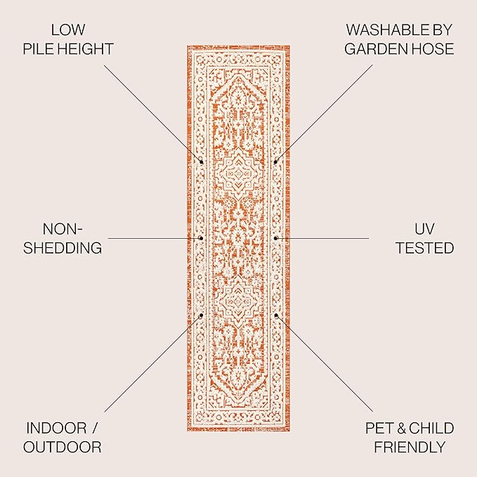 JONATHAN Y Medallion Weave Indoor Outdoor Runner Rug 2X10 Orange/Cream, Sinjuri Textured for Backyard, Patio, Porch, Easy-Cleaning, High Traffic, Pet-Friendly, Non-Shedding (SMB101F-210)