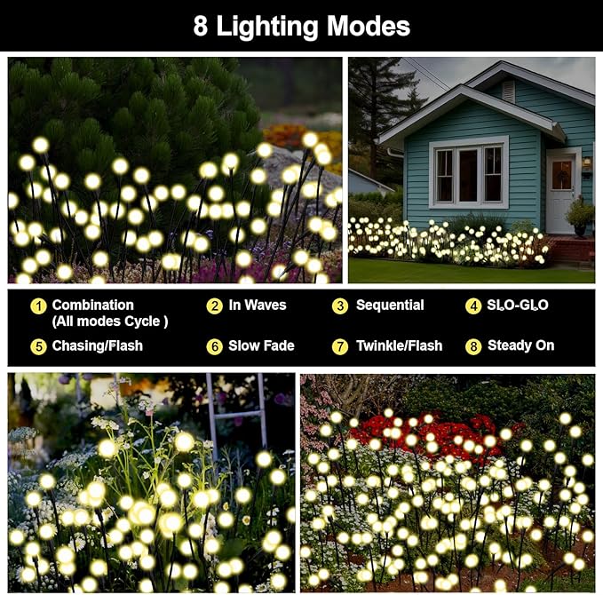 Solar Firefly Lights Warm White, 8 Modes 800mAh Swaying Firefly Yard Lights Solar Powered Outdoor Waterproof for Outside Yard Patio Lawn Pathway Walkway Stake Christmas Garden Decor (2 Pack)
