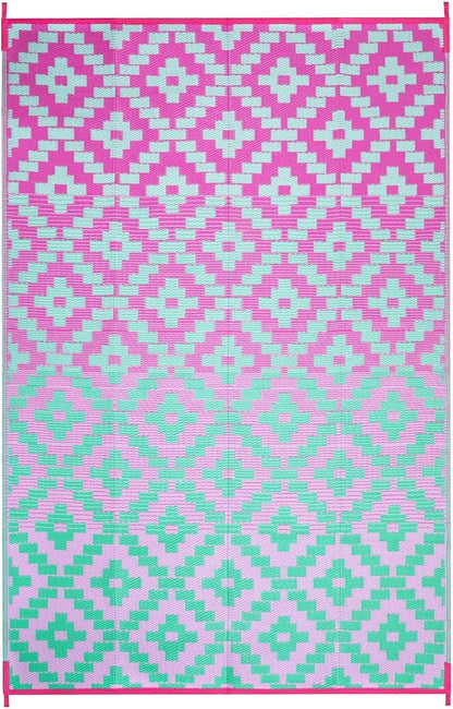 Anidaroel Ombre Outdoor Rugs for Patios Clearance Waterproof, 6x9 Reversible Geometric Plastic Straw Outside Area Rugs, RV Camping Mat for Balcony, Pool Deck, Picnic, Backgard(Green&Pink,6‘x9')