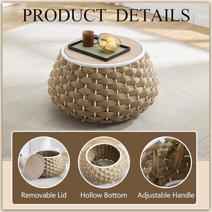 30.5 inch Outdoor Side Table, Large Patio End Table with Removable Lid Round Accent Side Tables with Metal Frame and Hollow Out Bottom for Patio, Balcony Porch, Poolside, Garden, Yard, Brown