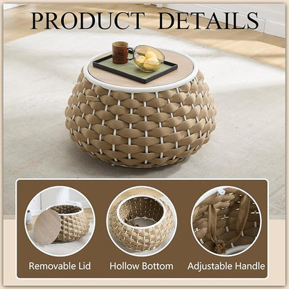 30.5 inch Outdoor Side Table, Large Patio End Table with Removable Lid Round Accent Side Tables with Metal Frame and Hollow Out Bottom for Patio, Balcony Porch, Poolside, Garden, Yard, Brown