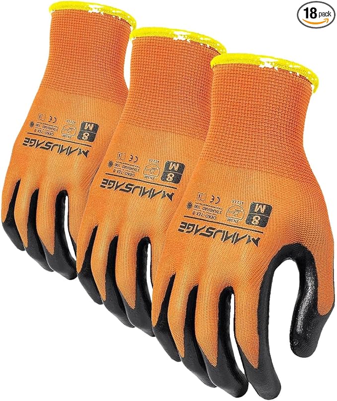 Safety Work Gloves for Men and Women - Nitrile With Touchscreen Fingers and Grip - Mechanics Gloves (Size XL, Orange, 6-Pairs)