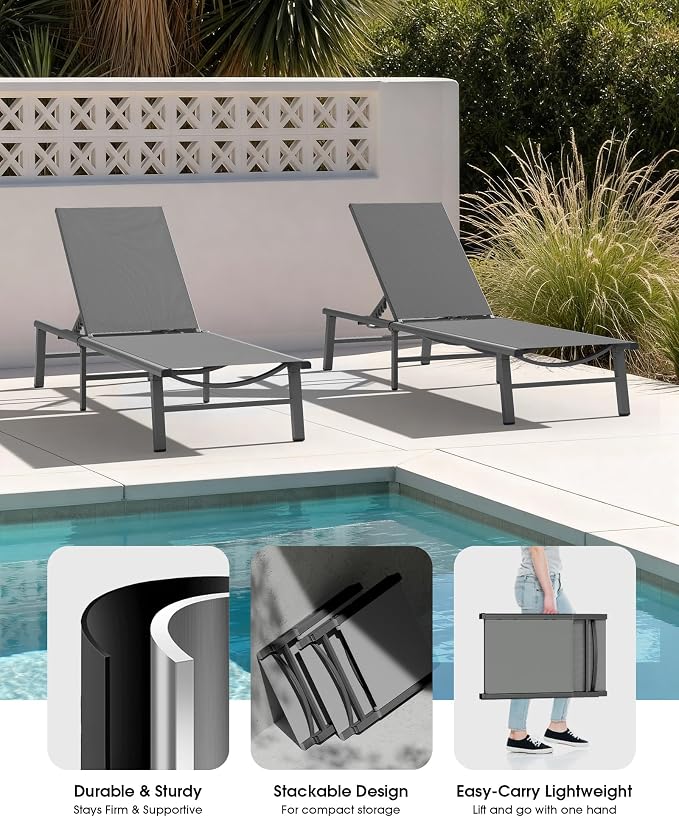 Ciokea Foldable Outdoor Lounge Chair Set of 2, No Assembly Aluminum Chaise Lounge Outdoor with 5 Adjustable Positions, Pool Lounge Chairs with Portable Design for Pool, Deck, Beach, Patio (Grey)
