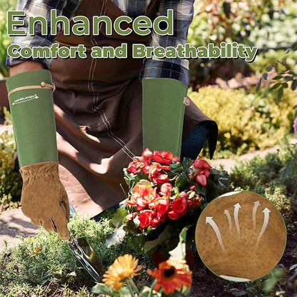 HANDLANDY Long Gardening Gloves for Men & Women, Pigskin Leather Rose Pruning Gloves, Breathable Thorn Proof Gauntlet Glove (Moss Green, S)