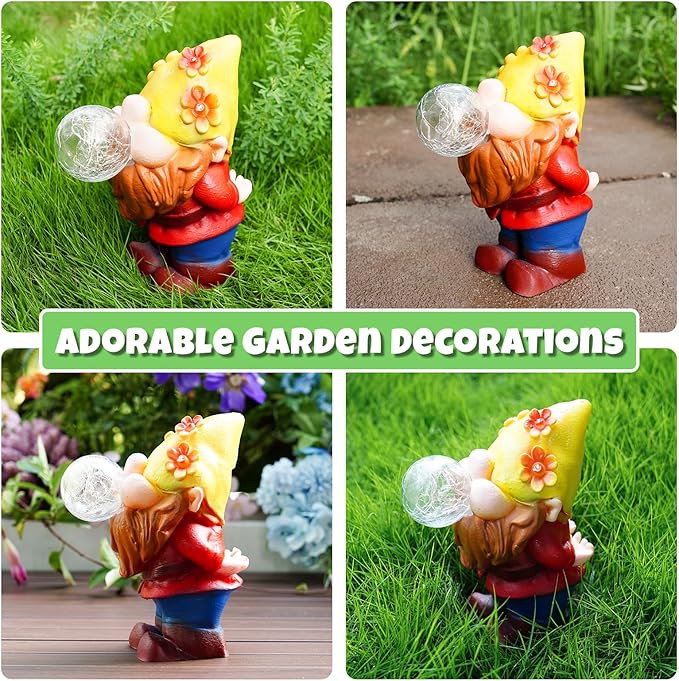 Solar Garden Statues Lights, 8.5" Christmas Outdoor Gnome Figurine with Auto On/Off for Yard Patio Decor, Gifts for Women, Grandma, Mom, Housewarming (Bubble Bliss Gnome)