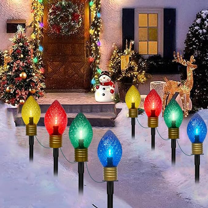 Jumbo C9 Christmas Pathway Lights Outdoor, 2 Pack Total 14Ft 8 LED C9 Giant Multicolor Christmas Walkway Lights, Connectable Outdoor Christmas Decorations Stakes Light for Lawn Yard Garden Holiday