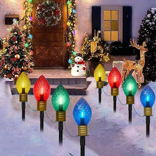 Jumbo C9 Christmas Pathway Lights Outdoor, 2 Pack Total 14Ft 8 LED C9 Giant Multicolor Christmas Walkway Lights, Connectable Outdoor Christmas Decorations Stakes Light for Lawn Yard Garden Holiday