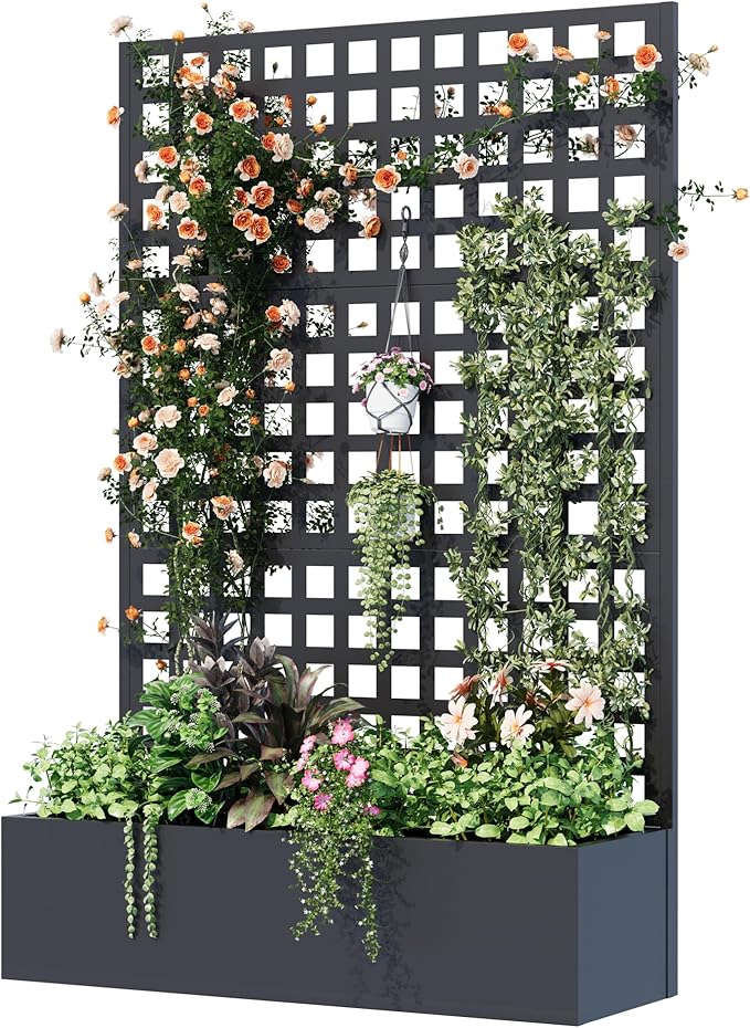Metal Planter Box with Trellis, 71"x 47"x 16" Raised Garden Bed, Planter Box Trellis with Privacy Screen and Drainage Holes, Black
