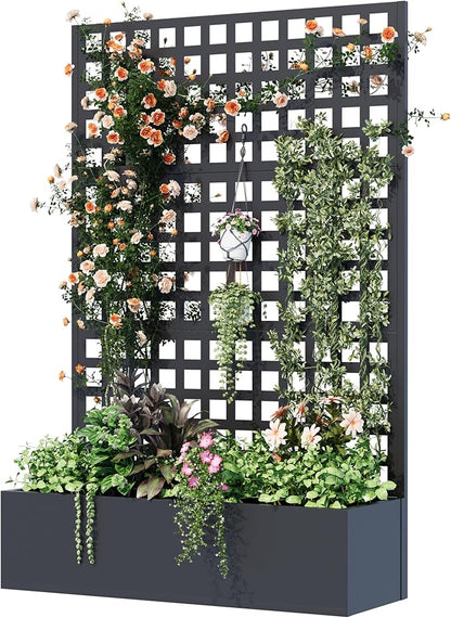 Metal Planter Box with Trellis, 71"x 47"x 16" Raised Garden Bed, Planter Box Trellis with Privacy Screen and Drainage Holes, Black