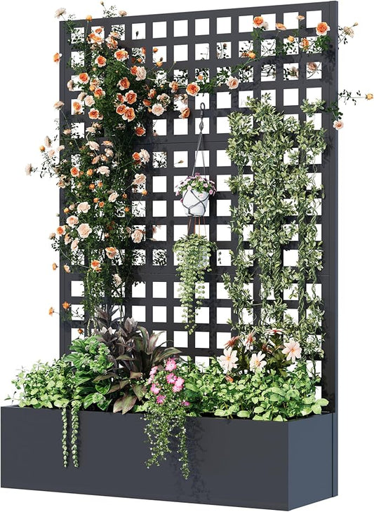 Metal Planter Box with Trellis, 71"x 47"x 16" Raised Garden Bed, Planter Box Trellis with Privacy Screen and Drainage Holes, Black