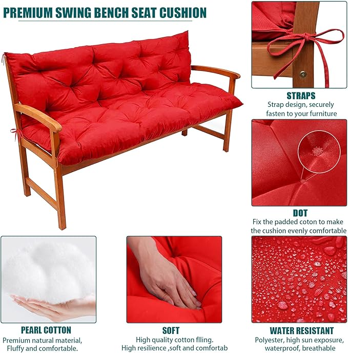 Swing Replacement Seat Cushions, 2-3 Seater Bench Cushions for Outdoor Furnitur with Backrest, Garden Recliner Seat Cushions Waterproof Sofa Pads (Red, 60x40in)