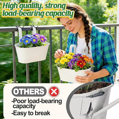 MADHOLLY Railing Planter with Drainage Holes - Sturdy Bucket Pots for Railing Fence, Countryside Style Metal Flower Pots for Herbs Balcony Garden Yard Decor, 2Pcs, White