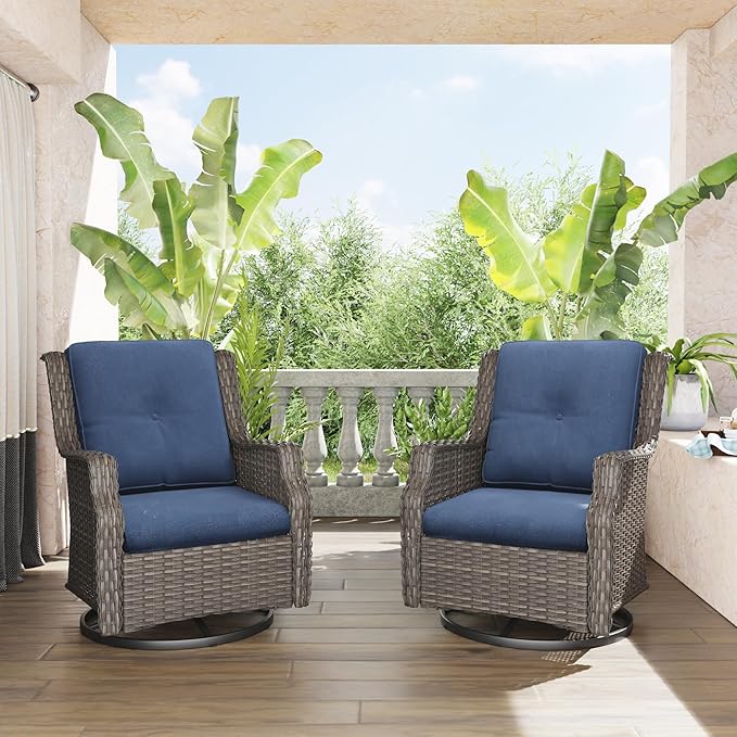 Swivel Patio Chair Outdoors - 360 Degree, Set of 2, Glider Chair with 3.5" Olefin Fabric Cushions (Mixed Grey Rattan/Navy)