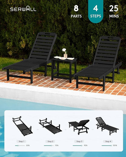 SERWALL Patio Chaise Lounge Set of 4, HDPE Outdoor Lounge Chair with Cup Holder, 5 Positions Adjustable Poly Lounge Chair with Rolling Wheels for Poolside, Deck, Sunbathing, Black
