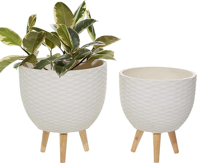 Deco 79 Ceramic Geometric Indoor Outdoor Planter Diamond Patterned Large Planter Pot with Wood Tripod Legs, Set of 2 Planters 16", 14"H, White