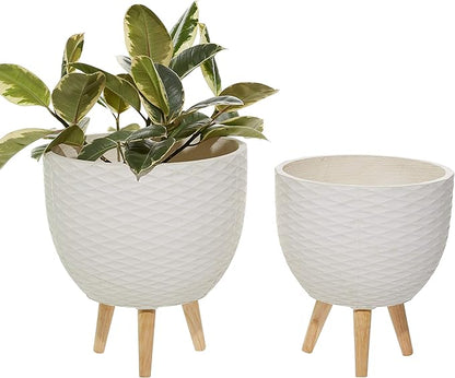Deco 79 Ceramic Geometric Indoor Outdoor Planter Diamond Patterned Large Planter Pot with Wood Tripod Legs, Set of 2 Planters 16", 14"H, White