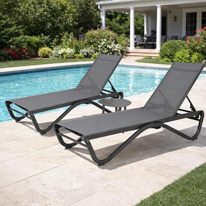 Kozyard Outdoor Chaise Lounge Chair, All Aluminum Frame and Textilene Fabric, Fully Flat Adjustable Reclining Patio Lounger for Poolside, Sunbathing & Backyard, Gray, 2Chairs + Table