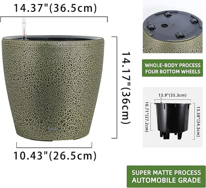 Dexceder 15x14 Self Watering Planter with Wheels Indoor Outdoor, Inner Pot Design, Thickened Large Floor Standing Flower Plant Pot with Water Level Indicator (Black Gold Crackle)