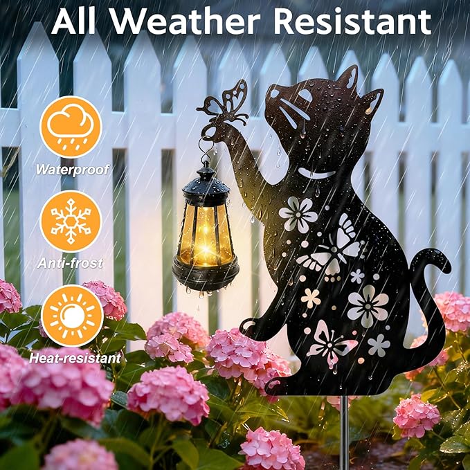 Cat Outdoor Solar Lantern Waterproof, Birthday Gifts for Christmas Women Mom, Solar Hanging Lights with Butterfly, Black Cat Metal Figurine Garden Decor Patio Yard Pathway Backyard Ornaments, 2 Pack