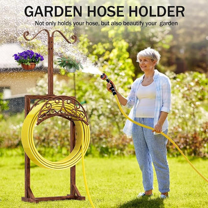 Garden Hose Holder - Upgraded Water Hose Holders for Outside with 5 Spikes & 2 Shepherds Hooks, Freestanding Hose Stand Hose Hanger Hose Storage Hose Reel Rack for Yard Lawn(Antique Bronze)