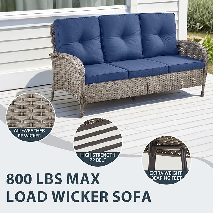 7 Piece Patio Furniture Set with Fire Pit Table - Wicker Patio Conversation Set with Swivel Glider, 3 Seat Sofa, Side Table and 2 Ottomans for Deck Backyard - Grey Wicker Blue Cushion